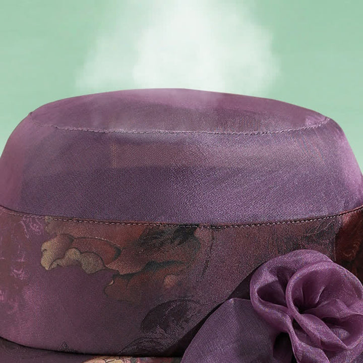 Chapeau de soleil en soie véritable pour femme avec bordure en dentelle et décor floral