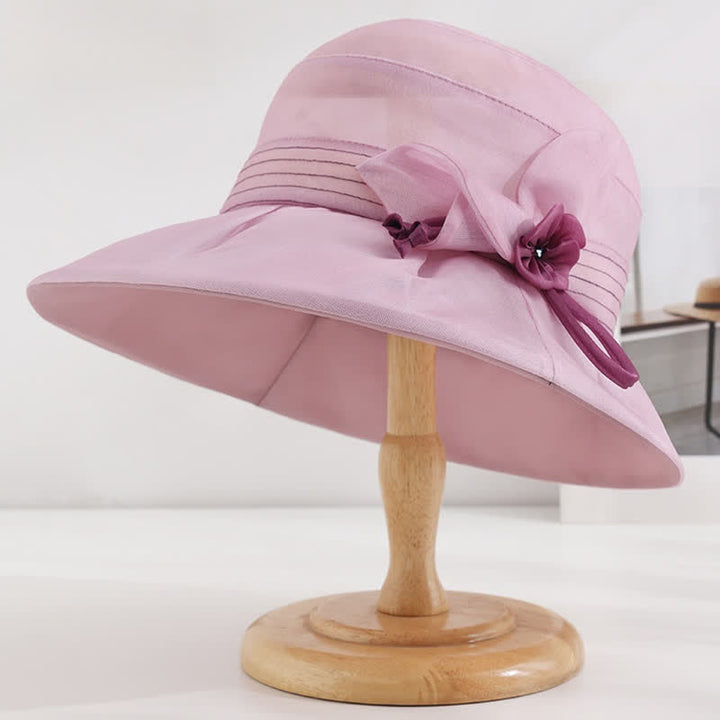 Chapeau d'été large en soie véritable à fleurs décoratives pour femme