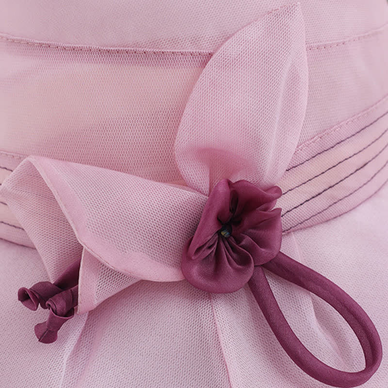Chapeau d'été large en soie véritable à fleurs décoratives pour femme