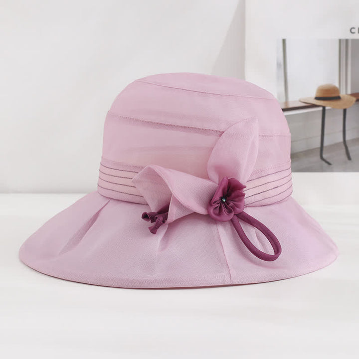 Chapeau d'été large en soie véritable à fleurs décoratives pour femme