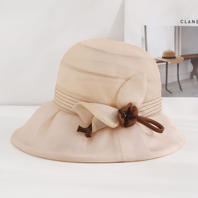 Chapeau d'été large en soie véritable à fleurs décoratives pour femme