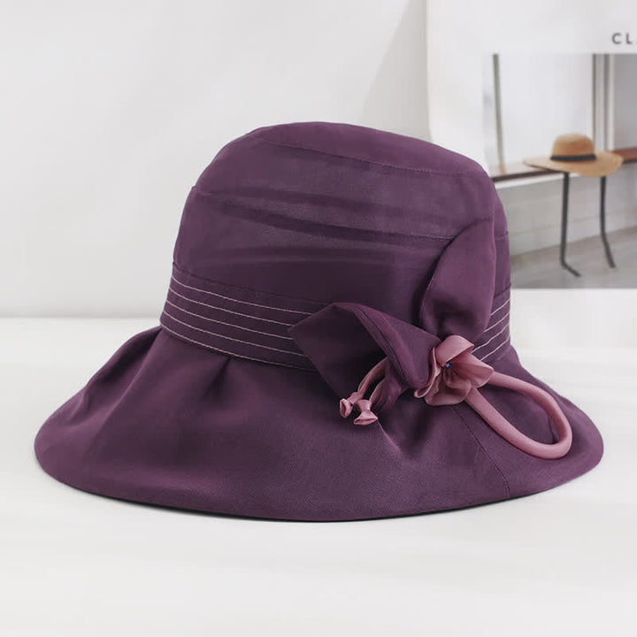 Chapeau d'été large en soie véritable à fleurs décoratives pour femme