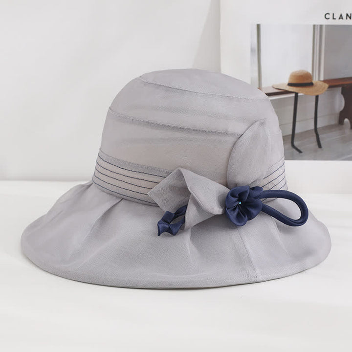 Chapeau d'été large en soie véritable à fleurs décoratives pour femme