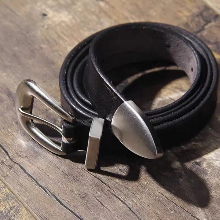 Ceinture fine en cuir noir pour femme avec boucle argentée simple
