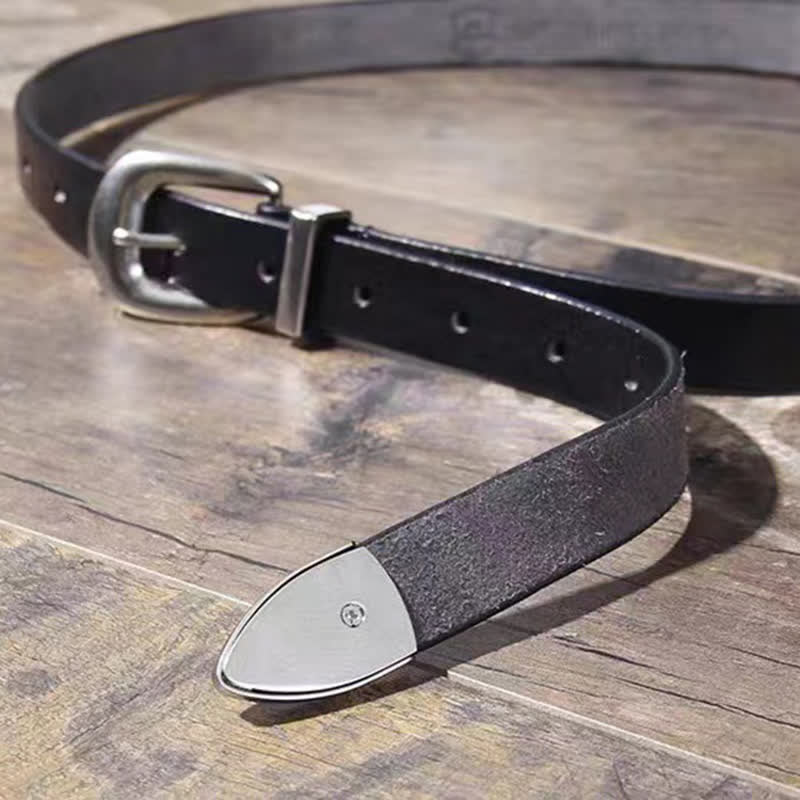 Ceinture fine en cuir noir pour femme avec boucle argentée simple