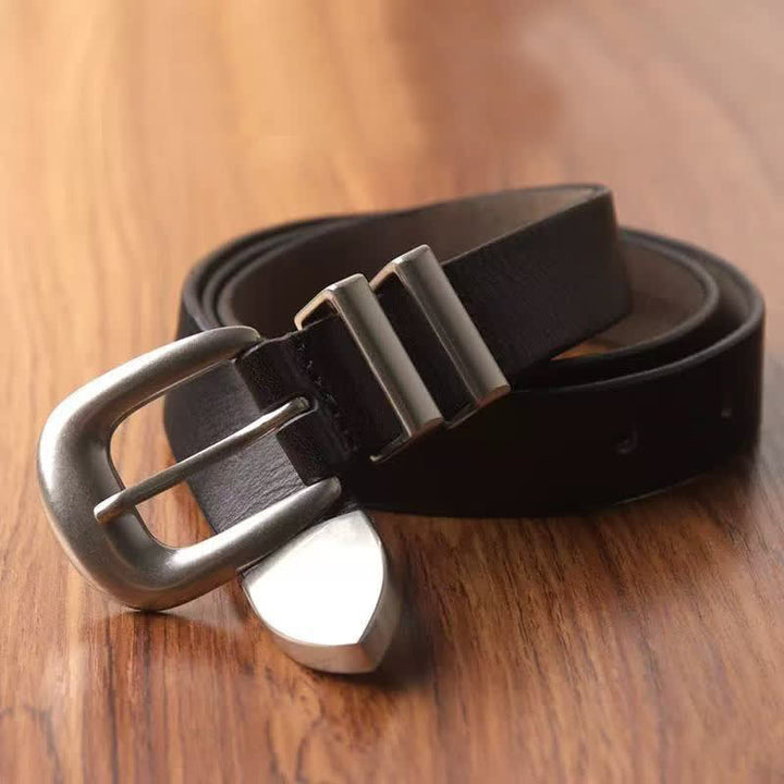 Ceinture fine en cuir noir pour femme avec boucle argentée simple