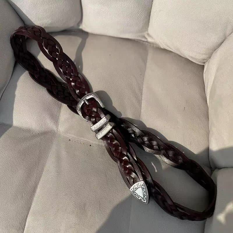 Ceinture en cuir tissée à la mode avec boucle argentée sculptée