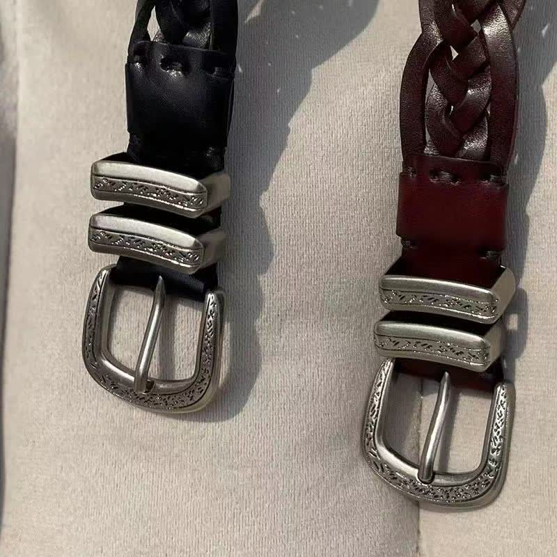 Ceinture en cuir tissée à la mode avec boucle argentée sculptée