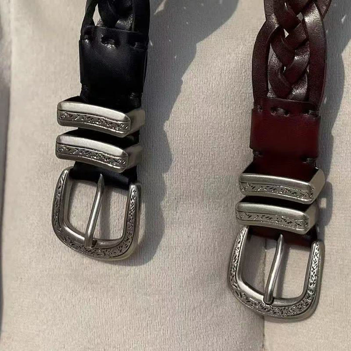 Ceinture en cuir tissée à la mode avec boucle argentée sculptée
