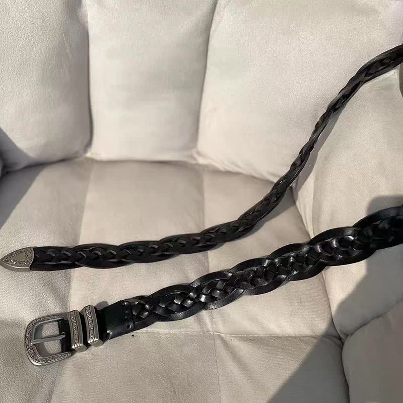 Ceinture en cuir tissée à la mode avec boucle argentée sculptée