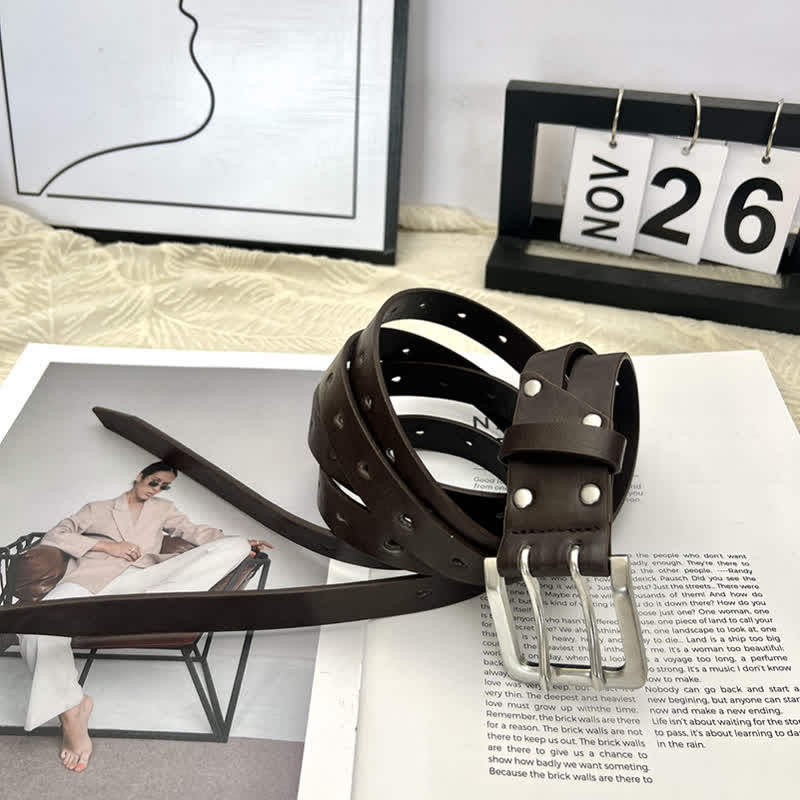 Ceinture en cuir marron à double ardillon et double sangle