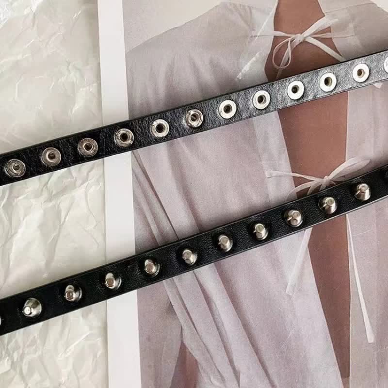 Ceinture en cuir noir extra longue à double épaisseur pour femme, style punk décontracté, rivetée