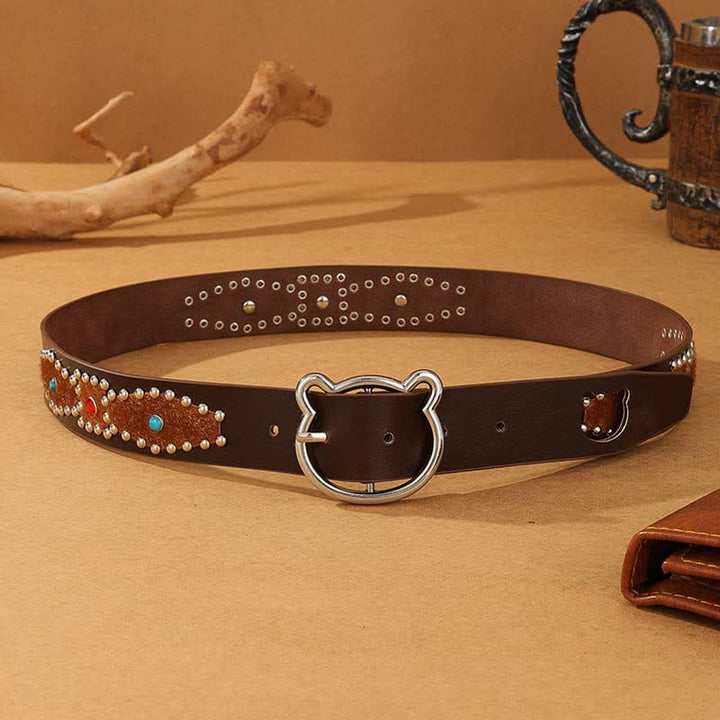 Ceinture en cuir à rivets style bohème pour femme, motif ours mignon, patchwork
