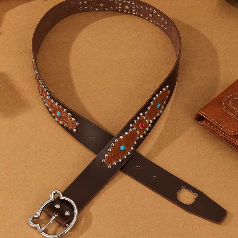 Ceinture en cuir à rivets style bohème pour femme, motif ours mignon, patchwork