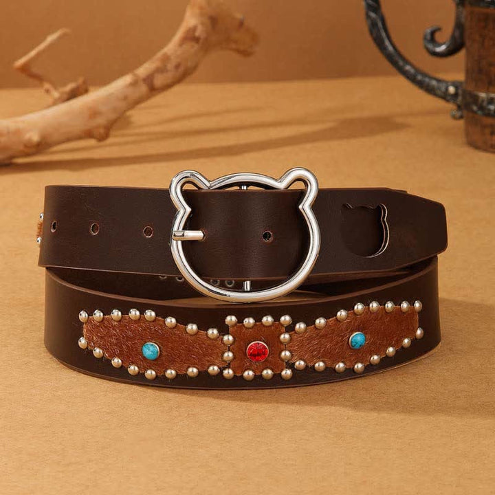 Ceinture en cuir à rivets style bohème pour femme, motif ours mignon, patchwork