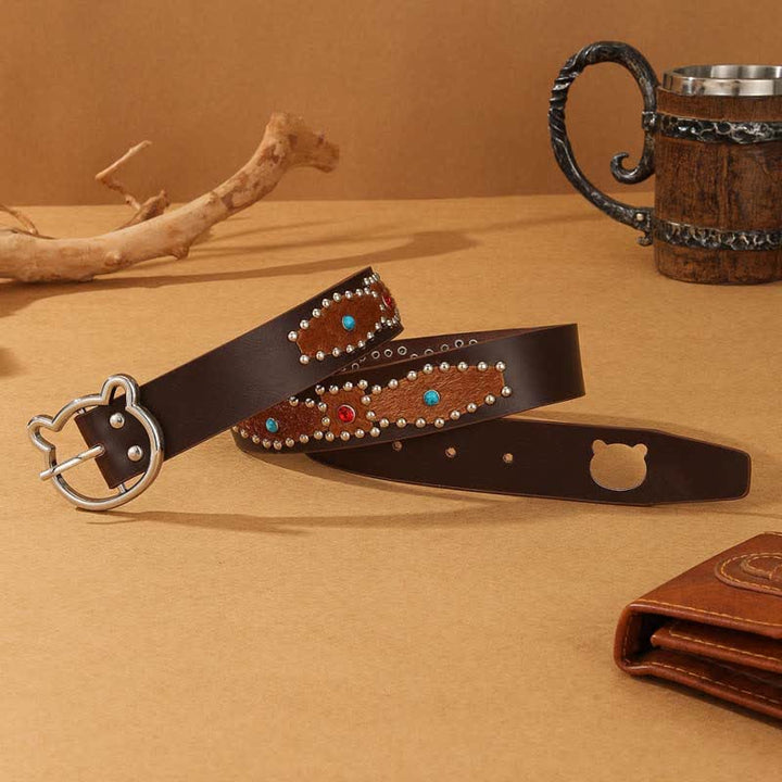 Ceinture en cuir à rivets style bohème pour femme, motif ours mignon, patchwork
