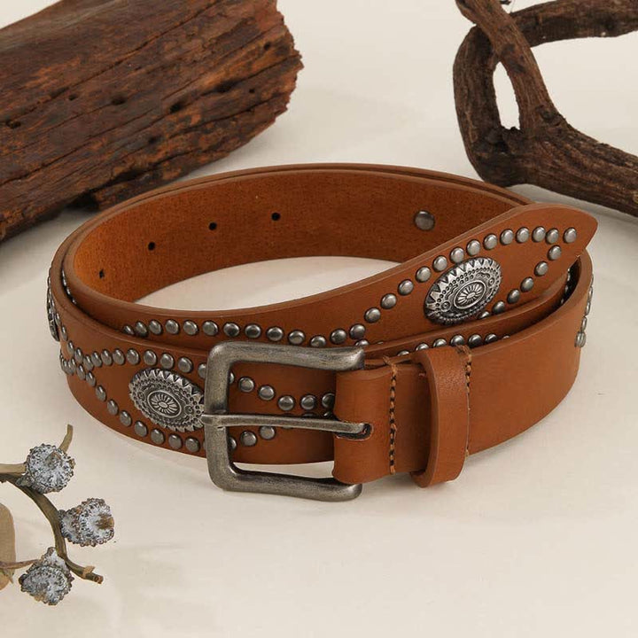 Ceinture en cuir style western pour femme avec rivets argentés antiques
