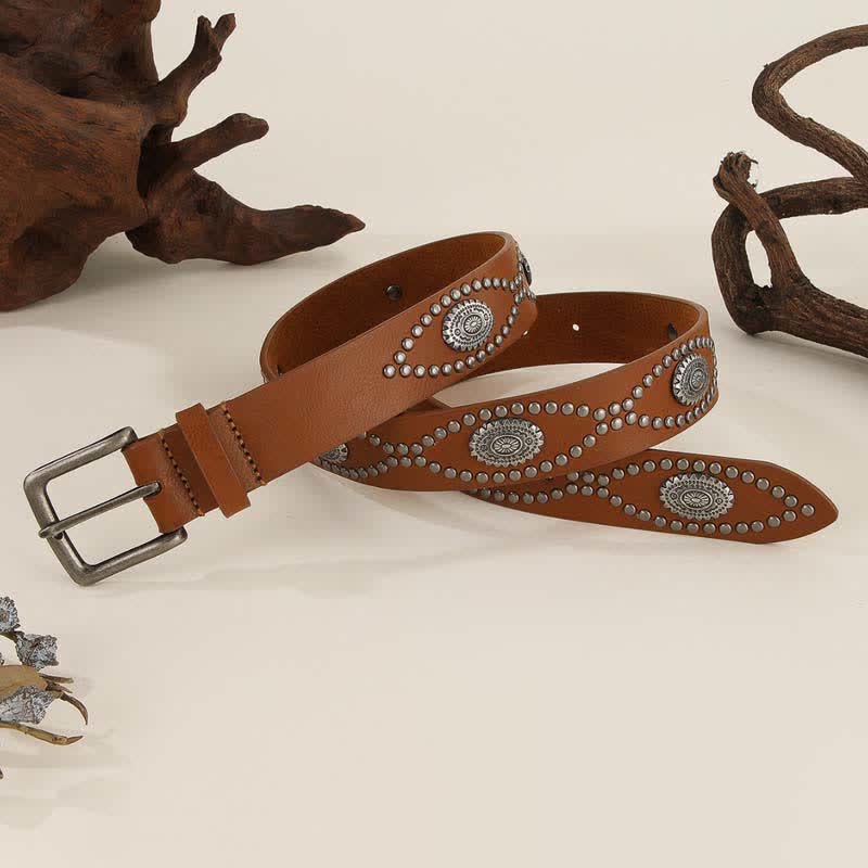 Ceinture en cuir style western pour femme avec rivets argentés antiques