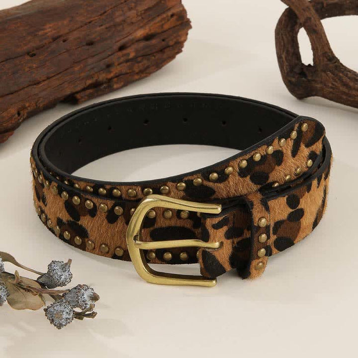 Ceinture en cuir à rivets vintage imprimé léopard pour femme