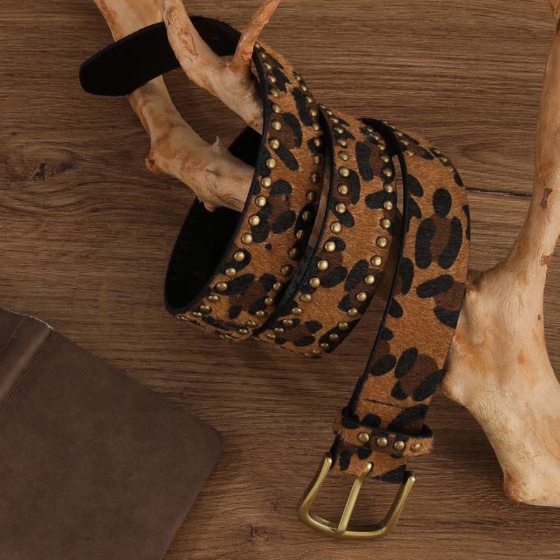 Ceinture en cuir à rivets vintage imprimé léopard pour femme