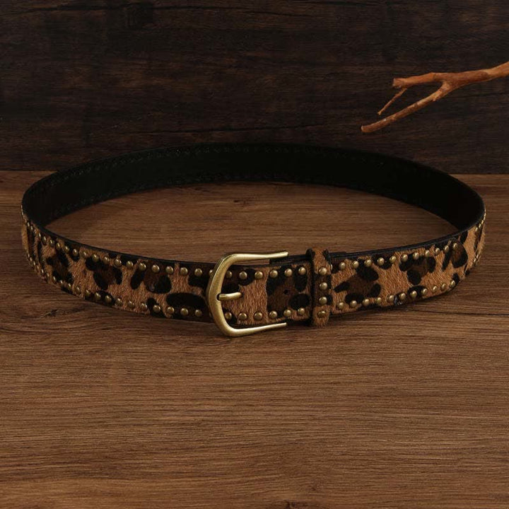 Ceinture en cuir à rivets vintage imprimé léopard pour femme