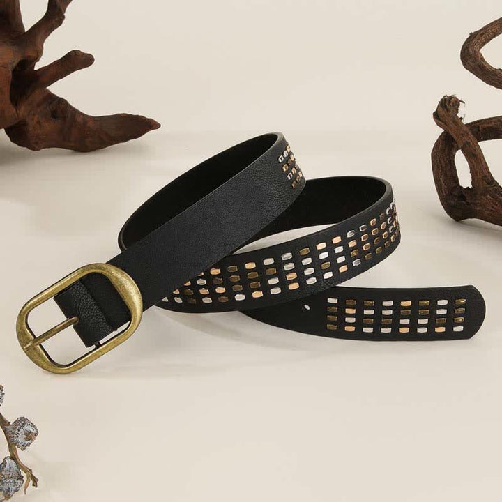 Ceinture en cuir noir à rivets en métal lourd pour femme
