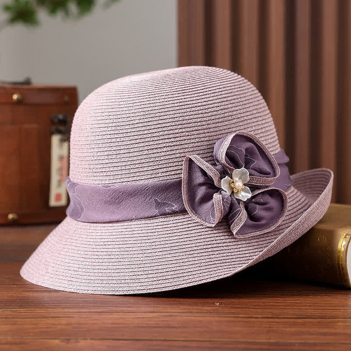 Chapeau de paille pare-soleil pour femme avec ruban et décor de marguerites