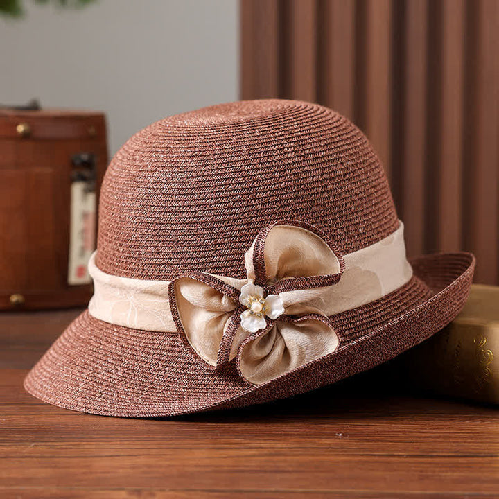 Chapeau de paille pare-soleil pour femme avec ruban et décor de marguerites
