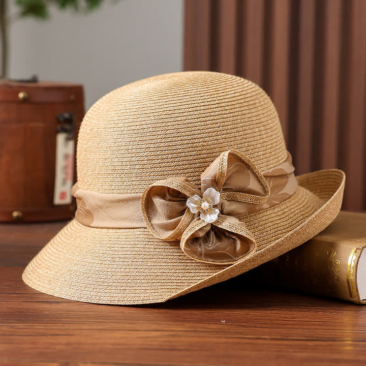 Chapeau de paille pare-soleil pour femme avec ruban et décor de marguerites