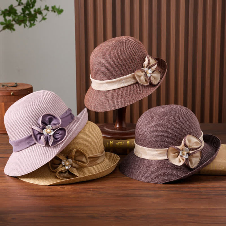 Chapeau de paille pare-soleil pour femme avec ruban et décor de marguerites