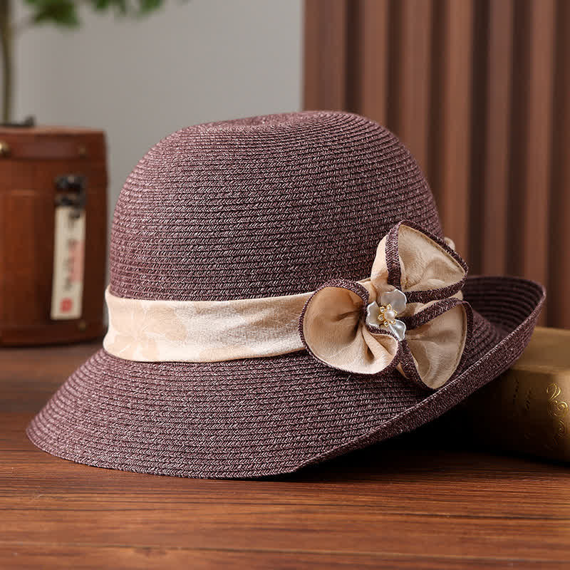 Chapeau de paille pare-soleil pour femme avec ruban et décor de marguerites