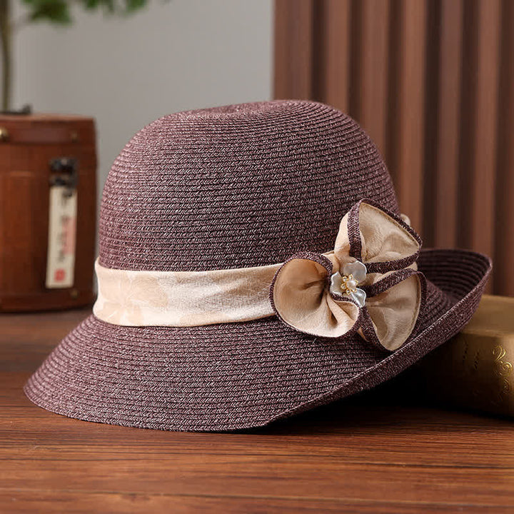 Chapeau de paille pare-soleil pour femme avec ruban et décor de marguerites