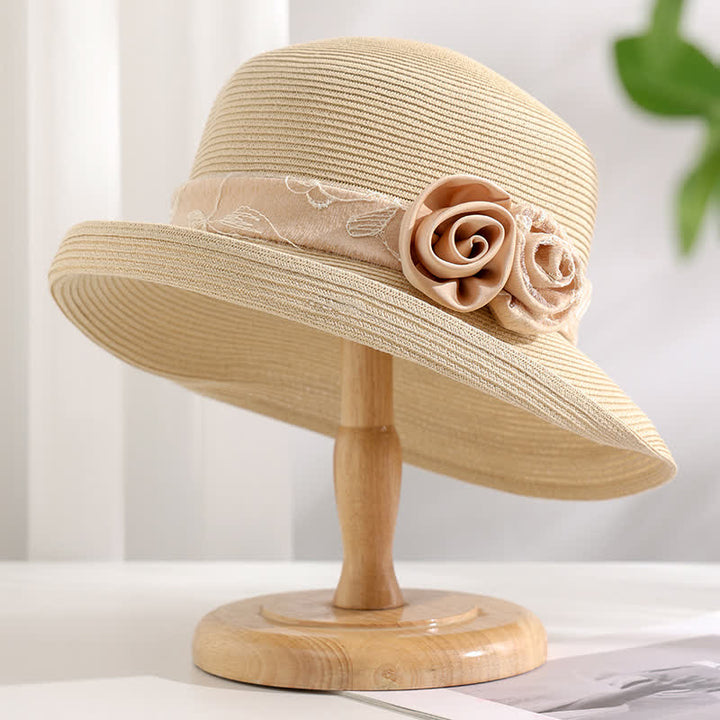 Chapeau de paille d'été à double fleur pour femme