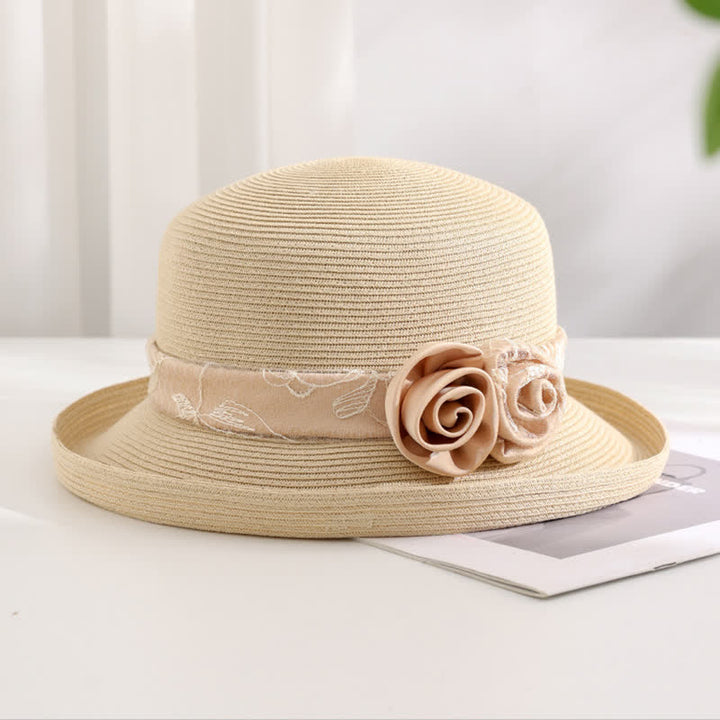 Chapeau de paille d'été à double fleur pour femme