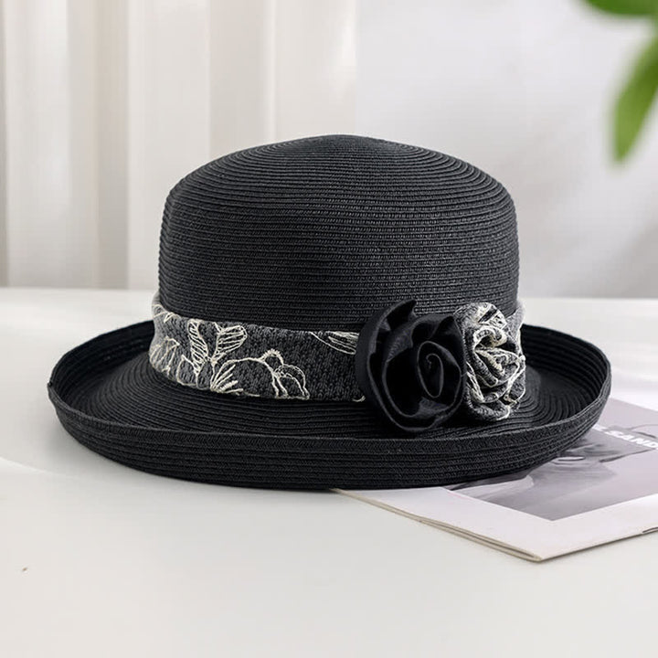 Chapeau de paille d'été à double fleur pour femme
