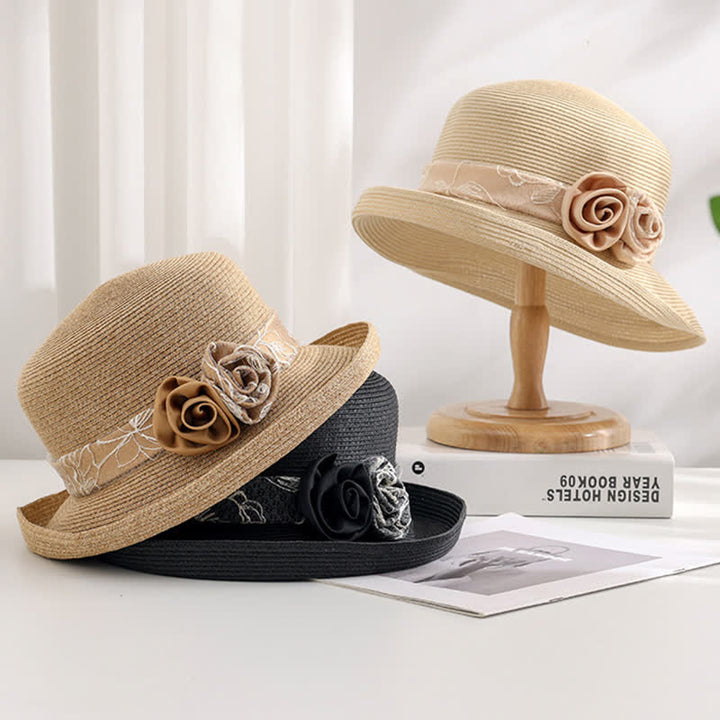 Chapeau de paille d'été à double fleur pour femme