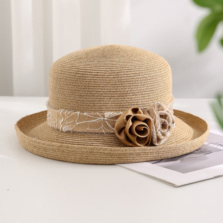 Chapeau de paille d'été à double fleur pour femme