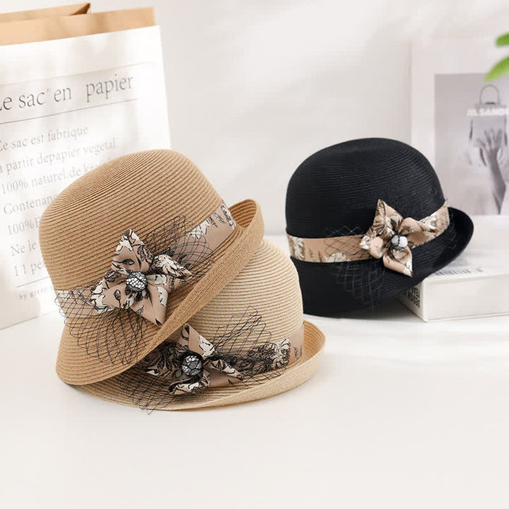 Chapeau de paille d'été élégant de style romain pour femme, à décor floral