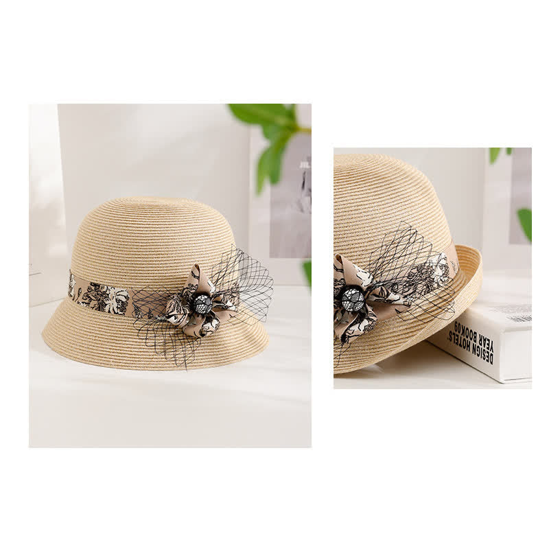 Chapeau de paille d'été élégant de style romain pour femme, à décor floral