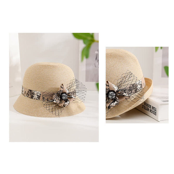 Chapeau de paille d'été élégant de style romain pour femme, à décor floral