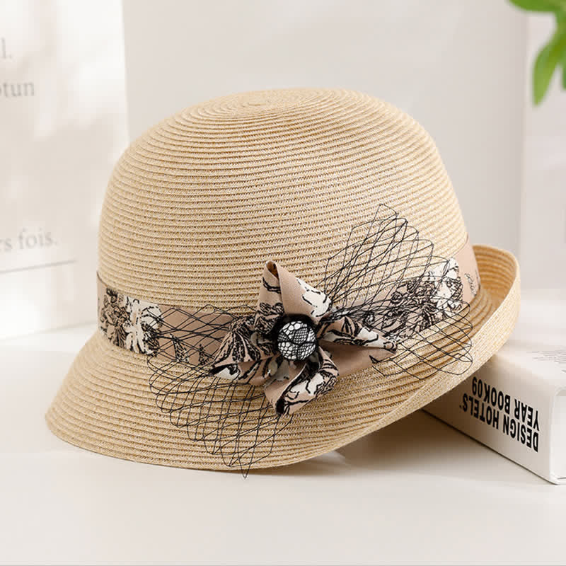 Chapeau de paille d'été élégant de style romain pour femme, à décor floral