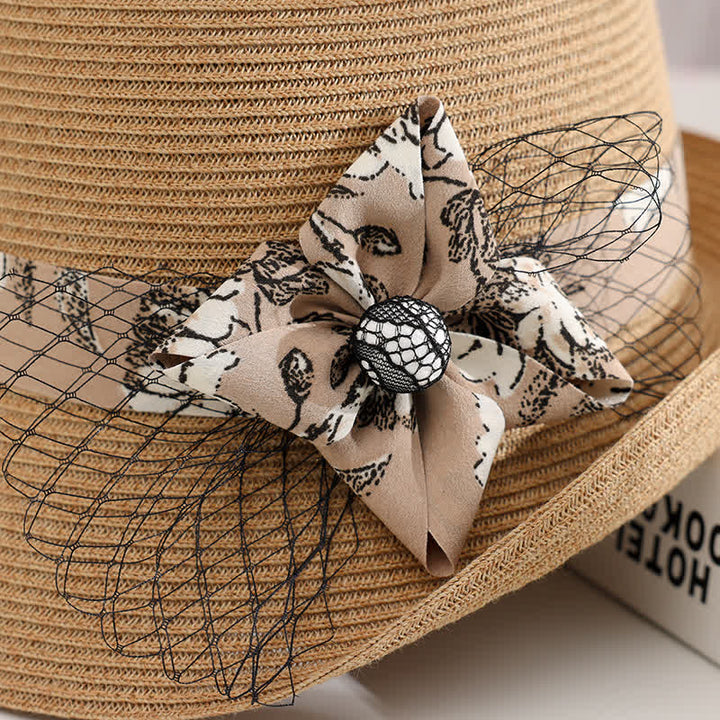 Chapeau de paille d'été élégant de style romain pour femme, à décor floral