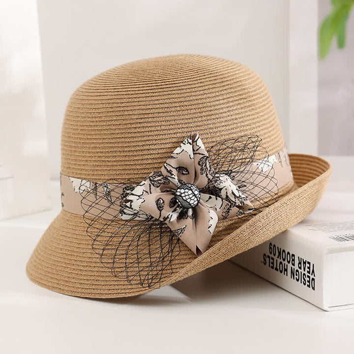 Chapeau de paille d'été élégant de style romain pour femme, à décor floral