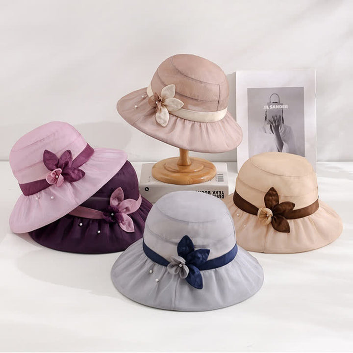 Chapeau de soleil en soie à large bord orné de perles et de fleurs pour femme