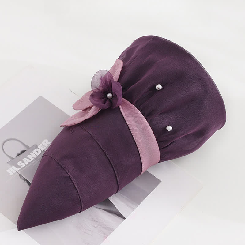 Chapeau de soleil en soie à large bord orné de perles et de fleurs pour femme