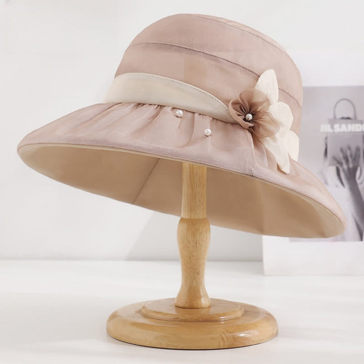 Chapeau de soleil en soie à large bord orné de perles et de fleurs pour femme
