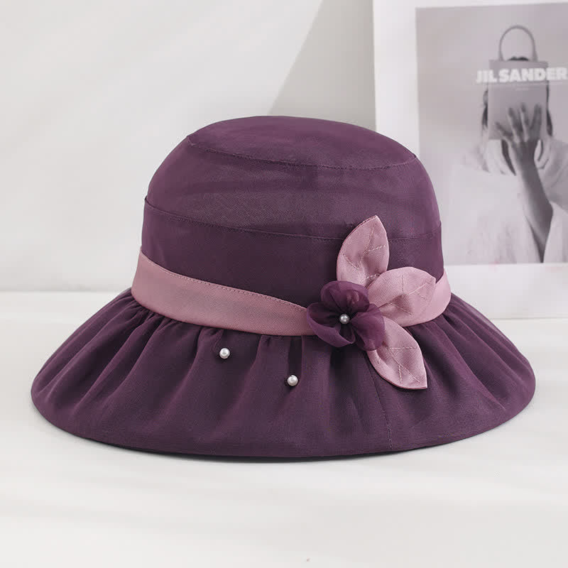 Chapeau de soleil en soie à large bord orné de perles et de fleurs pour femme