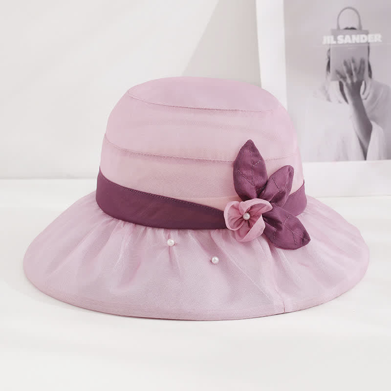 Chapeau de soleil en soie à large bord orné de perles et de fleurs pour femme