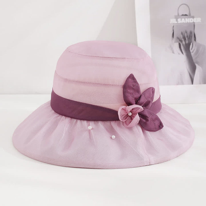 Chapeau de soleil en soie à large bord orné de perles et de fleurs pour femme
