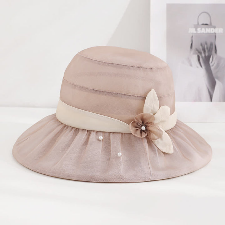 Chapeau de soleil en soie à large bord orné de perles et de fleurs pour femme